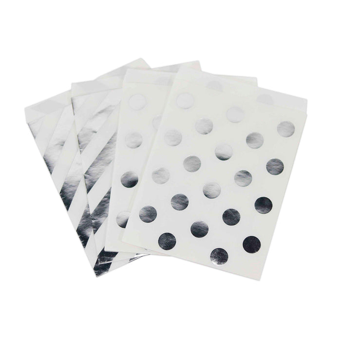 Set of 24 Foil Favor Bags, Polka Dots and Striped, Shiny Metallic-Set of 24-Andaz Press-Silver-