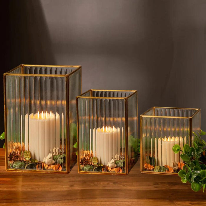 Set of 3 Glass Ribbed Hurricane Candle Holders-Set of 3-Koyal Wholesale-Gold-