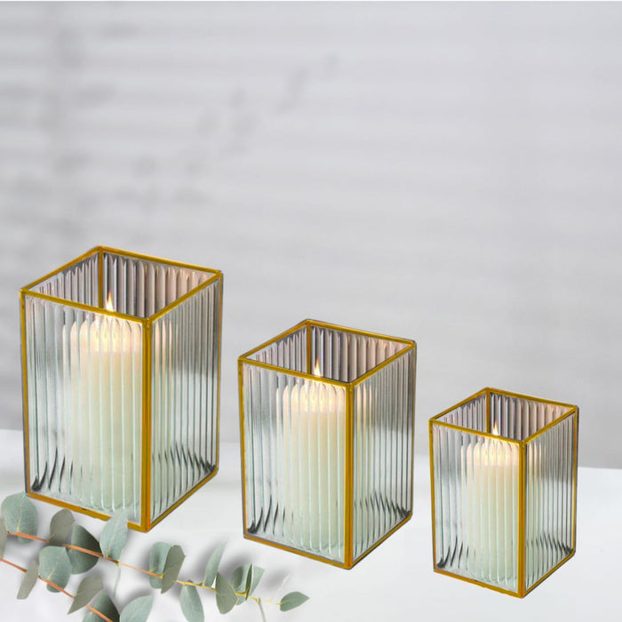 Set of 3 Glass Ribbed Hurricane Candle Holders-Set of 3-Koyal Wholesale-Gold-