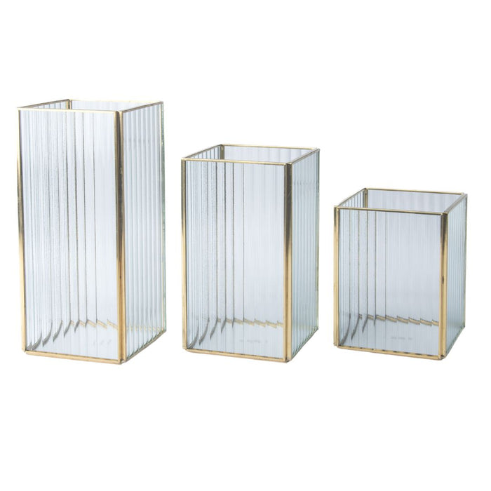 Set of 3 Glass Ribbed Hurricane Candle Holders-Set of 3-Koyal Wholesale-Gold-