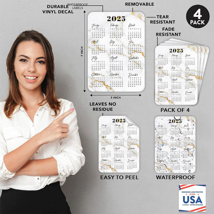 Set of 4 Peel and Stick 2025 Monthly Calendars for Refrigerator, Adhesive Wall Calendar Stickers-Set of 4-Andaz Press-5"x7" Marble-