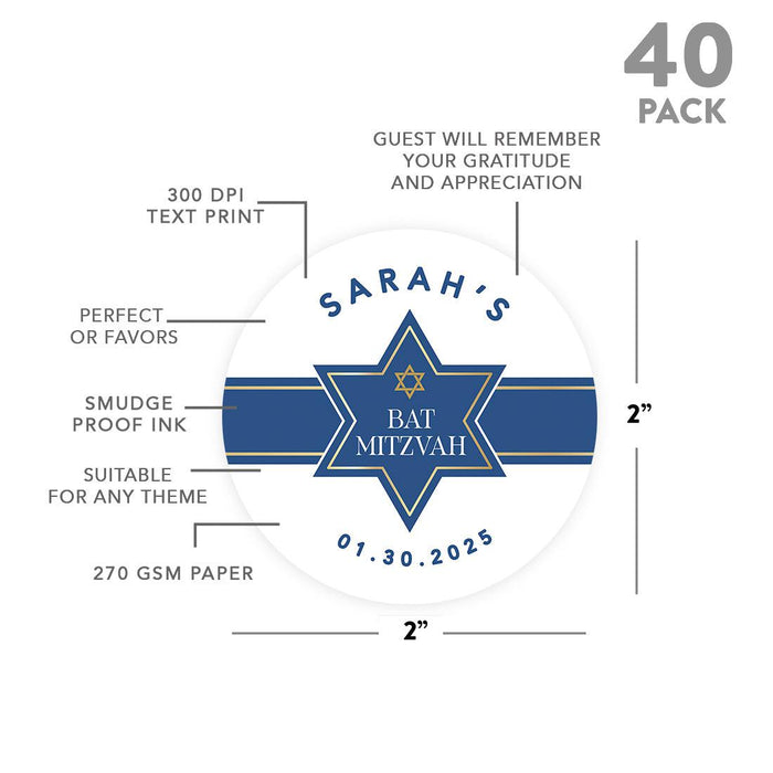 Set of 40 Custom Round Bar/Bat Mitzvah Thank You Sticker Labels-Set of 40-Andaz Press-Watercolor Blue-