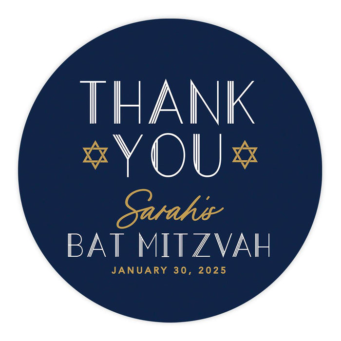 Set of 40 Custom Round Bar/Bat Mitzvah Thank You Sticker Labels-Set of 40-Andaz Press-Watercolor Blue-