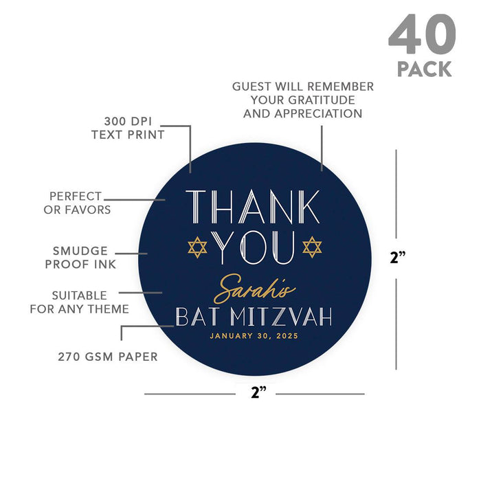 Set of 40 Custom Round Bar/Bat Mitzvah Thank You Sticker Labels-Set of 40-Andaz Press-Watercolor Blue-