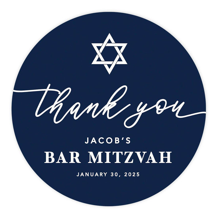 Set of 40 Custom Round Bar/Bat Mitzvah Thank You Sticker Labels-Set of 40-Andaz Press-Watercolor Blue-