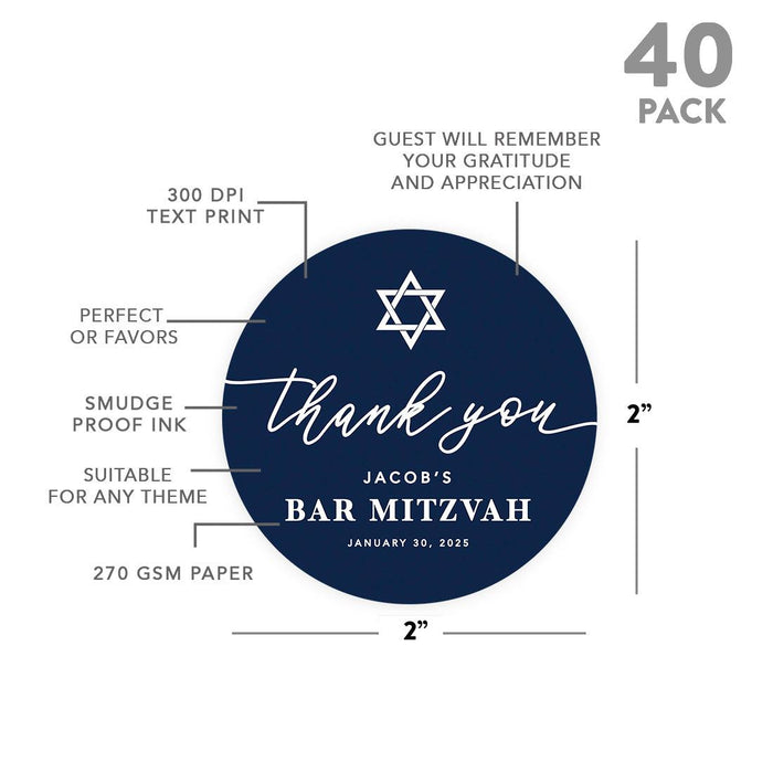 Set of 40 Custom Round Bar/Bat Mitzvah Thank You Sticker Labels-Set of 40-Andaz Press-Watercolor Blue-