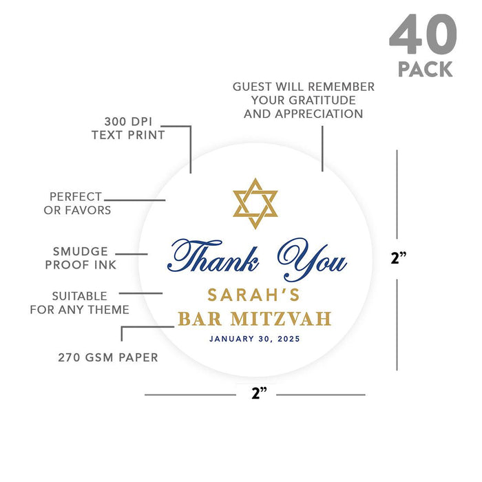 Set of 40 Custom Round Bar/Bat Mitzvah Thank You Sticker Labels-Set of 40-Andaz Press-Watercolor Blue-