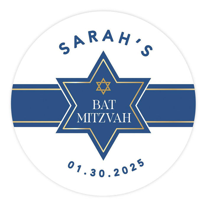 Set of 40 Custom Round Bar/Bat Mitzvah Thank You Sticker Labels-Set of 40-Andaz Press-Watercolor Blue-