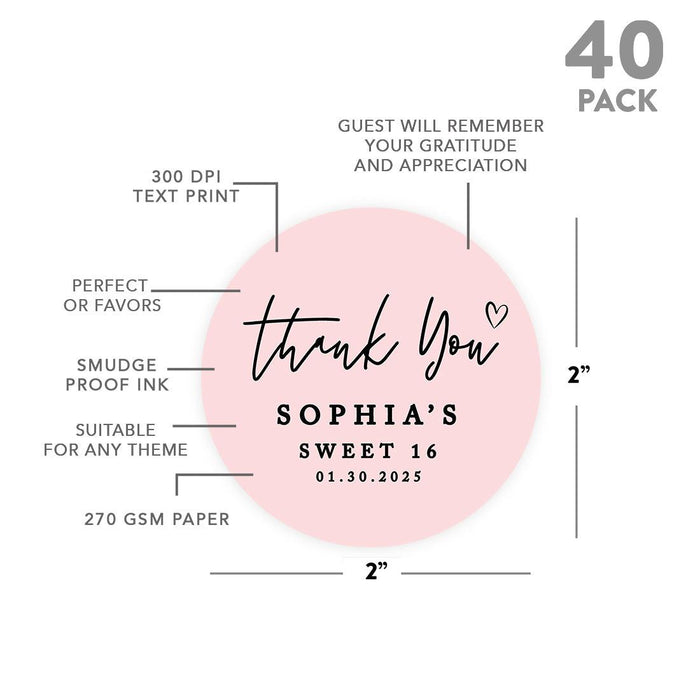 Set of 40 Custom Round Sweet 16 Thank You Favor Stickers-Set of 40-Andaz Press-Blush Pink-