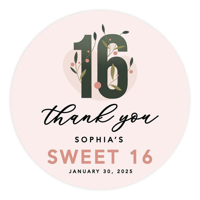 Set of 40 Custom Round Sweet 16 Thank You Favor Stickers-Set of 40-Andaz Press-Abstract Floral-