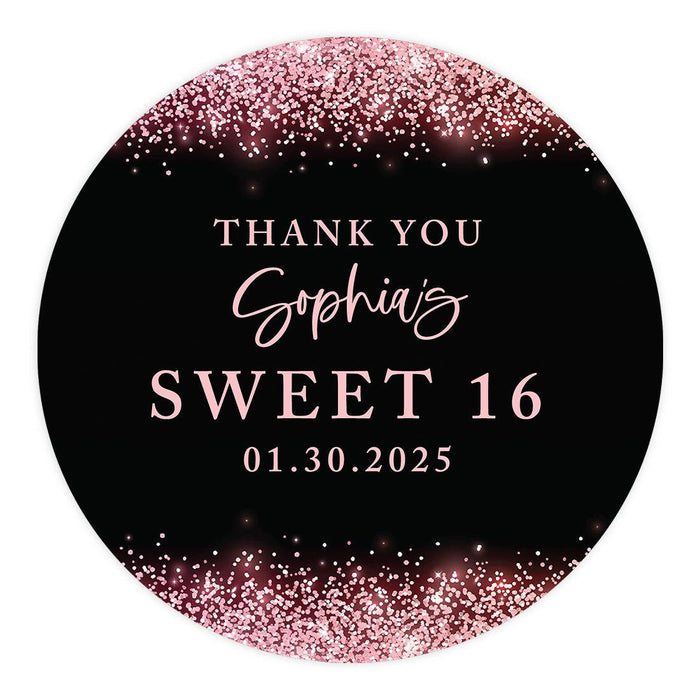 Set of 40 Custom Round Sweet 16 Thank You Favor Stickers-Set of 40-Andaz Press-Black & Rose Gold Glitter-