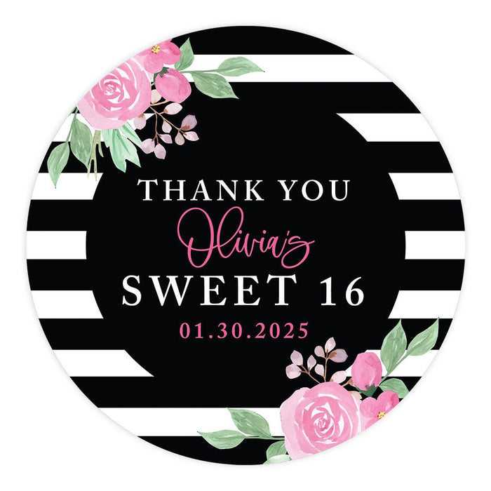Set of 40 Custom Round Sweet 16 Thank You Favor Stickers-Set of 40-Andaz Press-Black & White Stripes-
