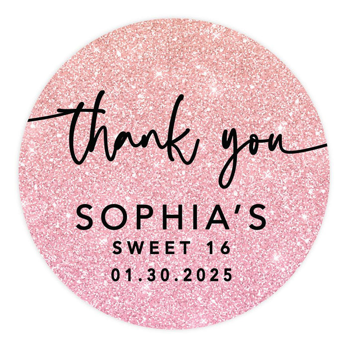 Set of 40 Custom Round Sweet 16 Thank You Favor Stickers-Set of 40-Andaz Press-Blush Pink Glitter-