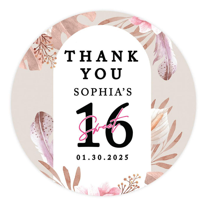 Set of 40 Custom Round Sweet 16 Thank You Favor Stickers-Set of 40-Andaz Press-Boho Florals-