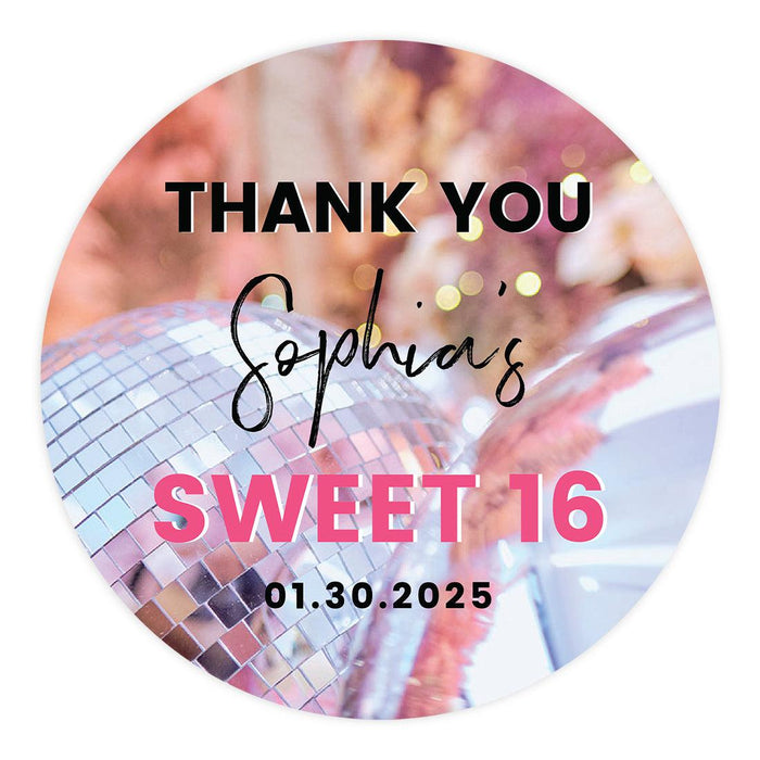 Set of 40 Custom Round Sweet 16 Thank You Favor Stickers-Set of 40-Andaz Press-Disco Theme-