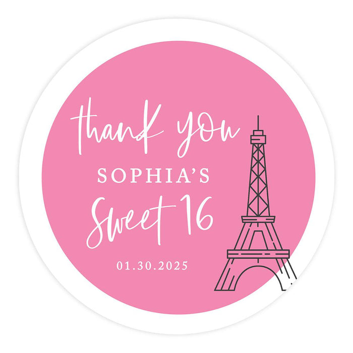 Set of 40 Custom Round Sweet 16 Thank You Favor Stickers-Set of 40-Andaz Press-Eiffel Tower Paris Theme-