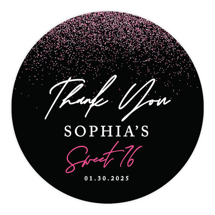 Set of 40 Custom Round Sweet 16 Thank You Favor Stickers-Set of 40-Andaz Press-Fuschia Pink Glitter-