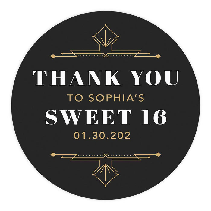 Set of 40 Custom Round Sweet 16 Thank You Favor Stickers-Set of 40-Andaz Press-Great Gatsby Theme-