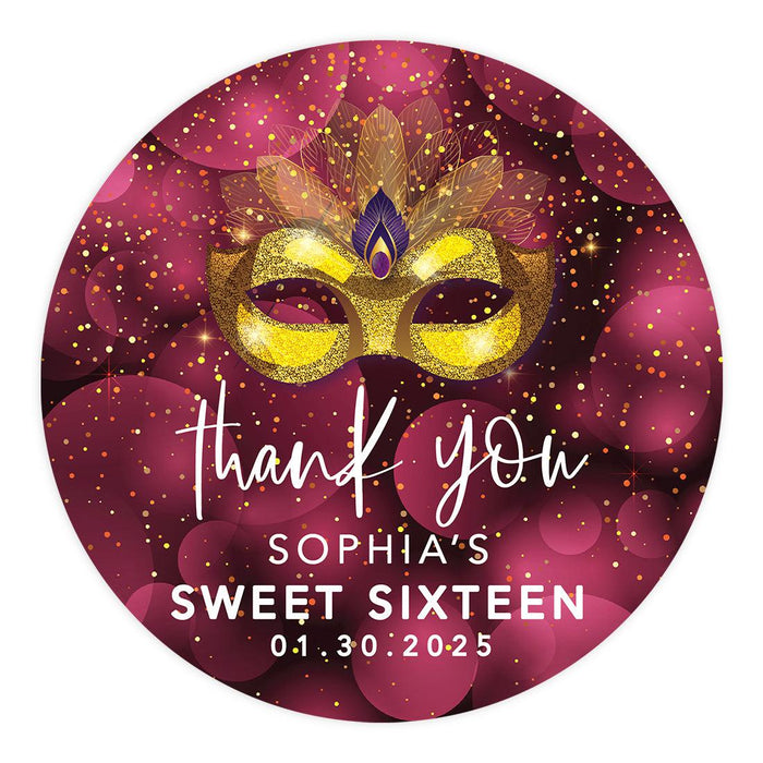 Set of 40 Custom Round Sweet 16 Thank You Favor Stickers-Set of 40-Andaz Press-Masquerade-