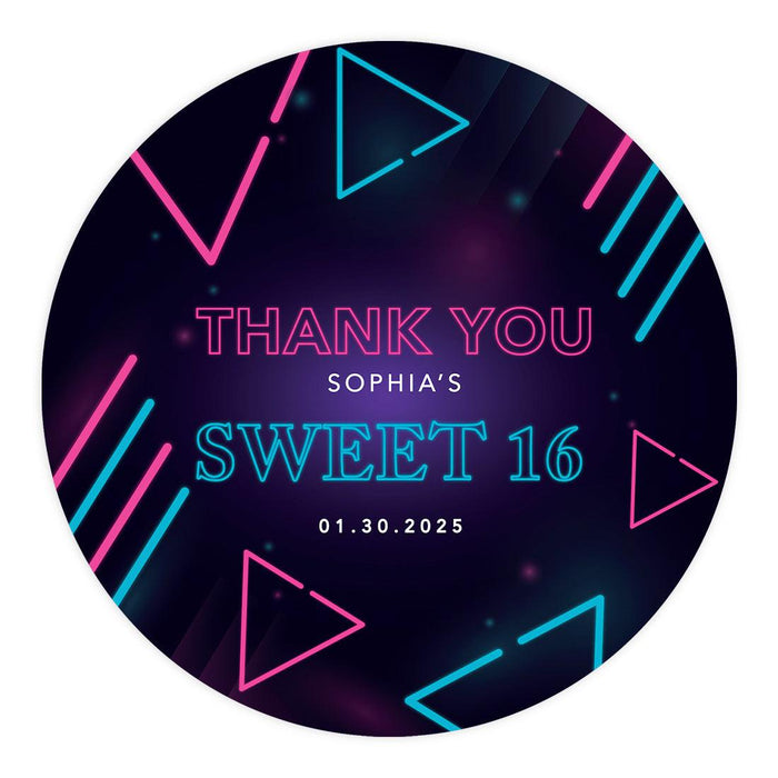 Set of 40 Custom Round Sweet 16 Thank You Favor Stickers-Set of 40-Andaz Press-Neon Lights-