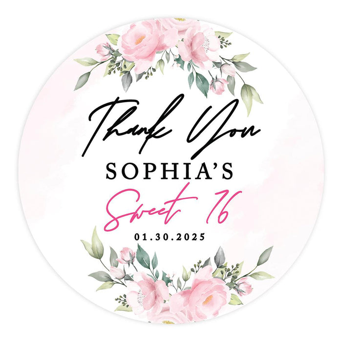 Set of 40 Custom Round Sweet 16 Thank You Favor Stickers-Set of 40-Andaz Press-Pink Florals-