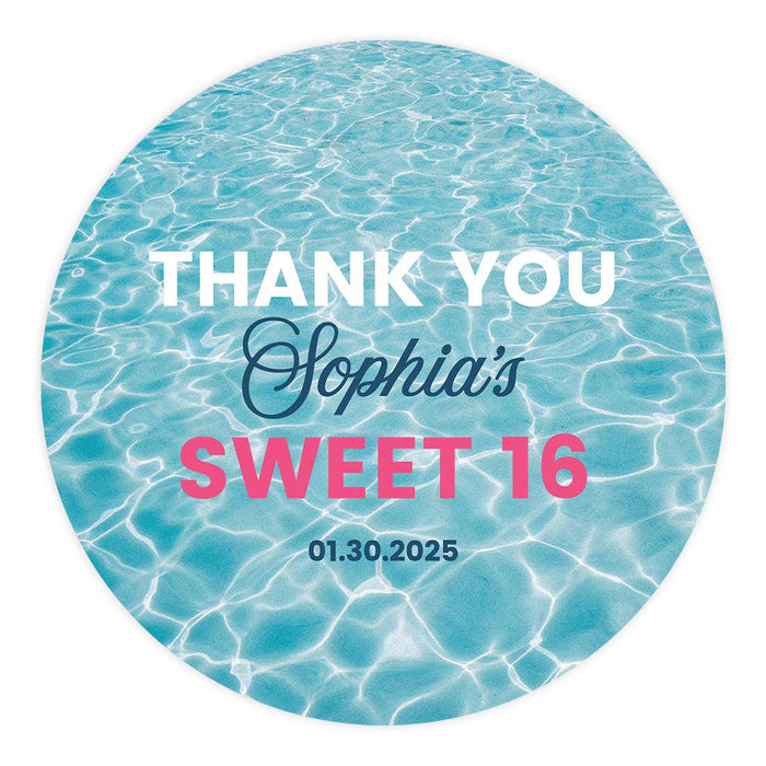 Set of 40 Custom Round Sweet 16 Thank You Favor Stickers-Set of 40-Andaz Press-Pool Party Theme-