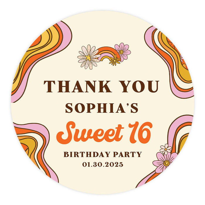 Set of 40 Custom Round Sweet 16 Thank You Favor Stickers-Set of 40-Andaz Press-Retro-