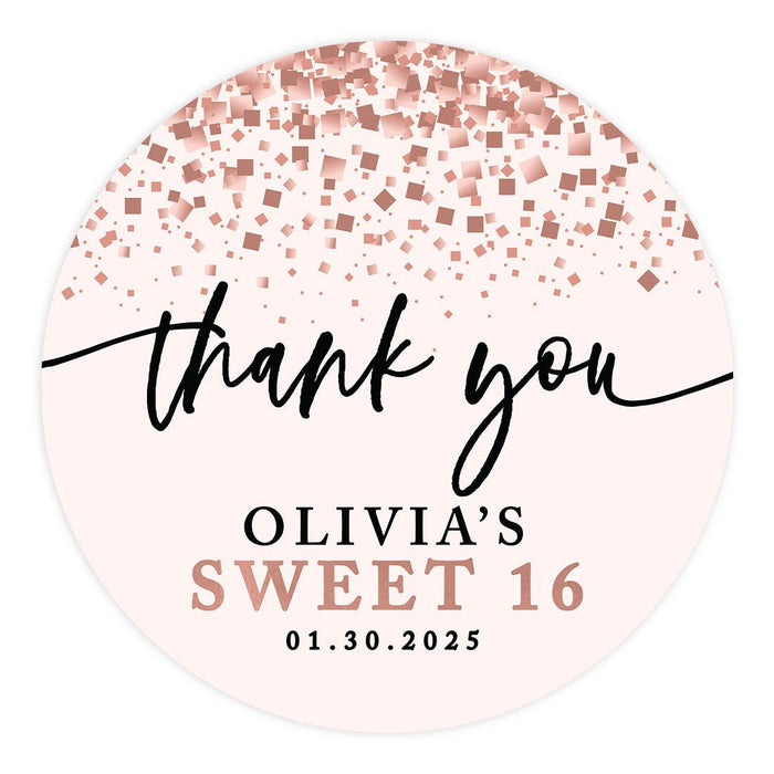 Set of 40 Custom Round Sweet 16 Thank You Favor Stickers-Set of 40-Andaz Press-Rose Gold Confetti-