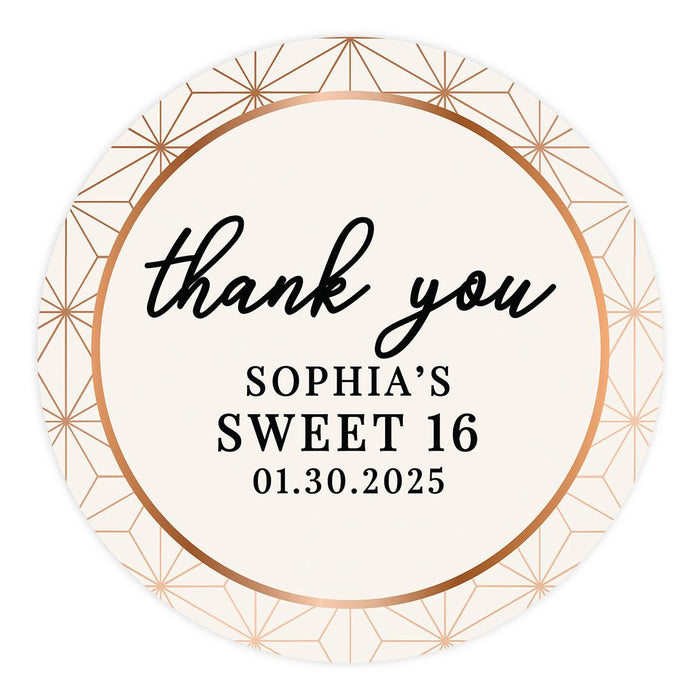 Set of 40 Custom Round Sweet 16 Thank You Favor Stickers-Set of 40-Andaz Press-Rose Gold Geometric-
