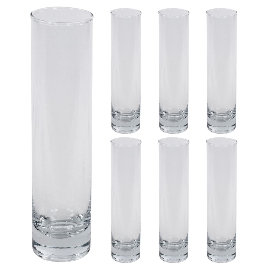 Koyal Wholesale 7.5 inch Tall Clear Glass Cylinder Bud Vase Set of 6, Bulk Bud Flower Vases Holder, Wedding Centerpieces, image size:1080x1080