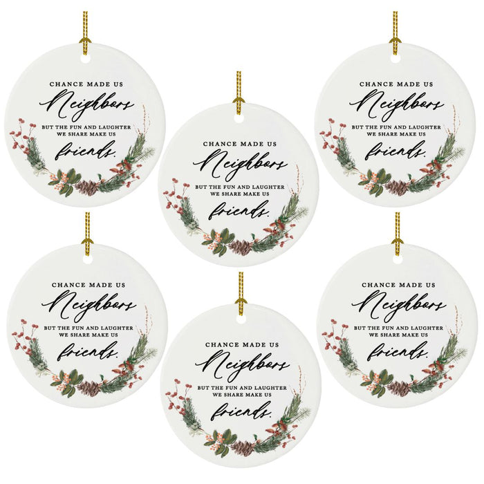 Set of 6 Round Porcelain Bulk Pack Christmas Tree Ornament Keepsake Gift-Set of 6-Andaz Press-Greenery Floral - Cousins-