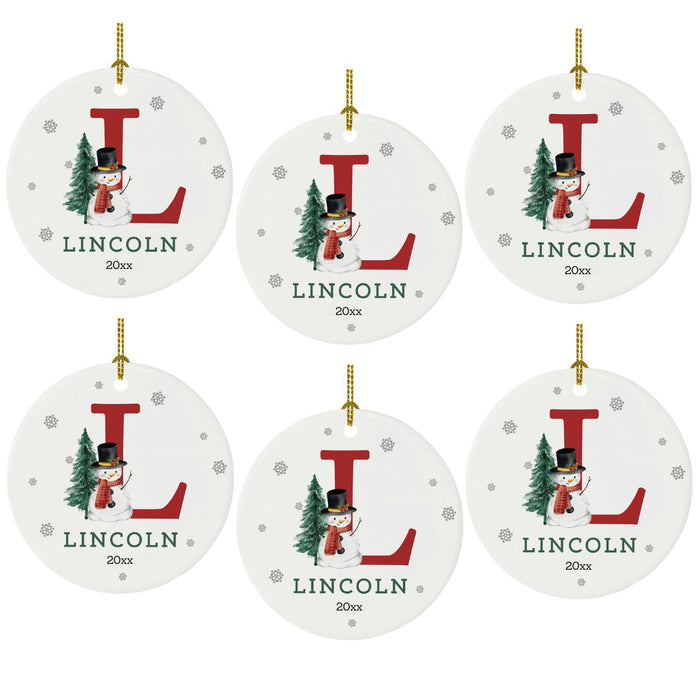 Snowman Round Porcelain Christmas Ornament Bulk Pack, Monogram with Custom Name, Bulk Pack-Set of 6-Andaz Press-Monogram F-