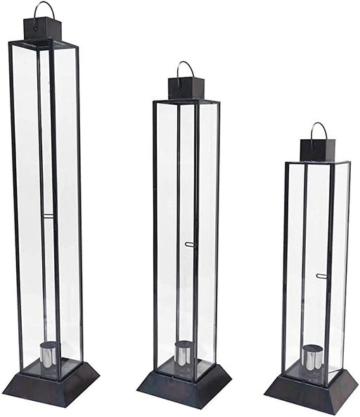 Tall Glass Taper Candle Lantern Set-Set of 3-Koyal Wholesale-Black-