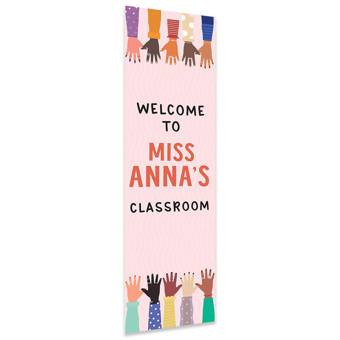 Vertical Large Custom Classroom Welcome Banner Sign for Teachers, Set of 1-Set of 1-Andaz Press-Boho Raising Hands-