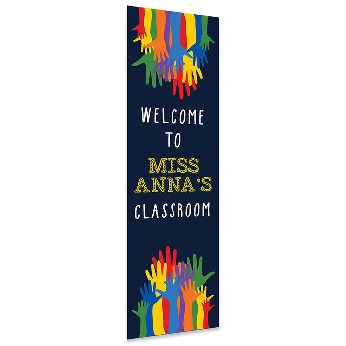 Vertical Large Custom Classroom Welcome Banner Sign for Teachers, Set of 1-Set of 1-Andaz Press-Rainbow Hands-