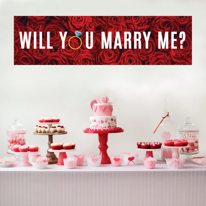 Will You Marry Me Sign Banner | Proposal & Valentine's Day Decorations Ideas, Set of 1-Set of 1-Andaz Press-Red Roses and Diamond Ring Will You Marry Me?-