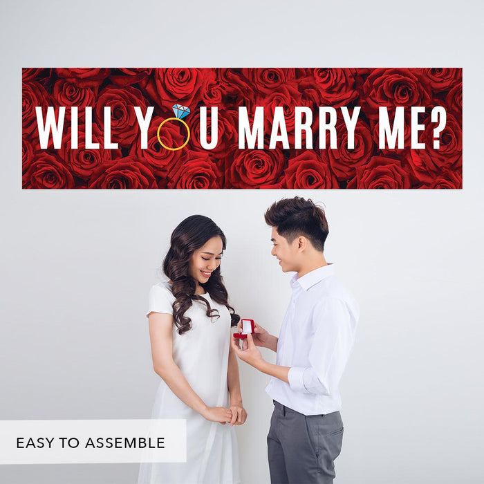 Will You Marry Me Sign Banner | Proposal & Valentine's Day Decorations Ideas, Set of 1-Set of 1-Andaz Press-Red Roses and Diamond Ring Will You Marry Me?-