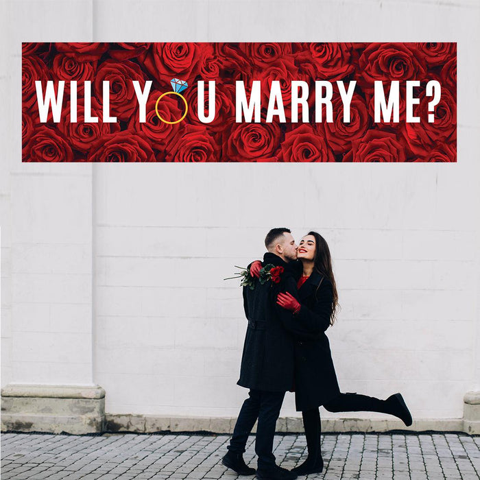 Will You Marry Me Sign Banner | Proposal & Valentine's Day Decorations Ideas, Set of 1-Set of 1-Andaz Press-Red Roses and Diamond Ring Will You Marry Me?-