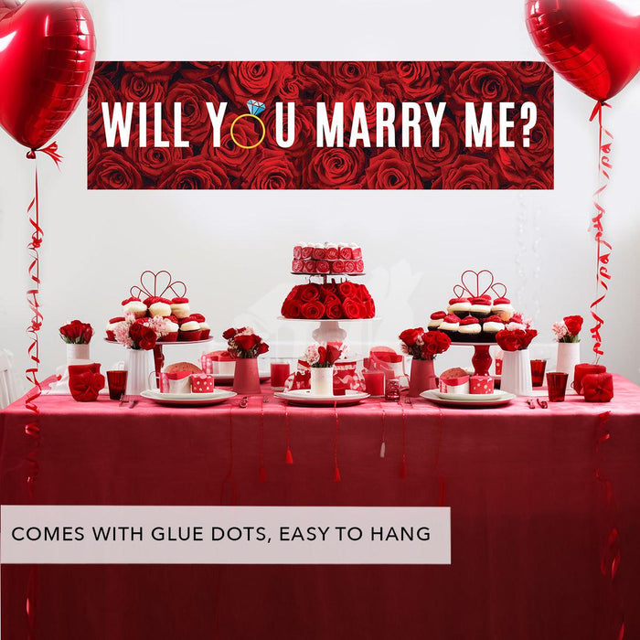 Will You Marry Me Sign Banner | Proposal & Valentine's Day Decorations Ideas, Set of 1-Set of 1-Andaz Press-Red Roses and Diamond Ring Will You Marry Me?-