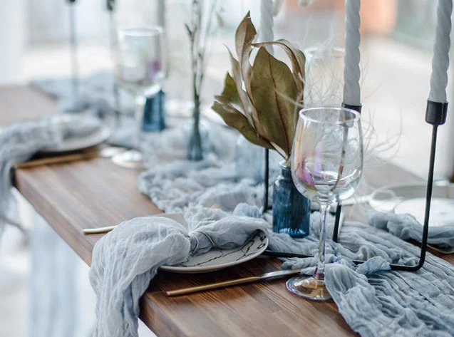 Boho blue and white table setting
