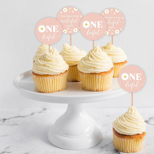 1st Birthday Party Round Cupcake Toppers DIY Favors Kit, For Kids Party Decor-Set of 20-Andaz Press-Daisy-