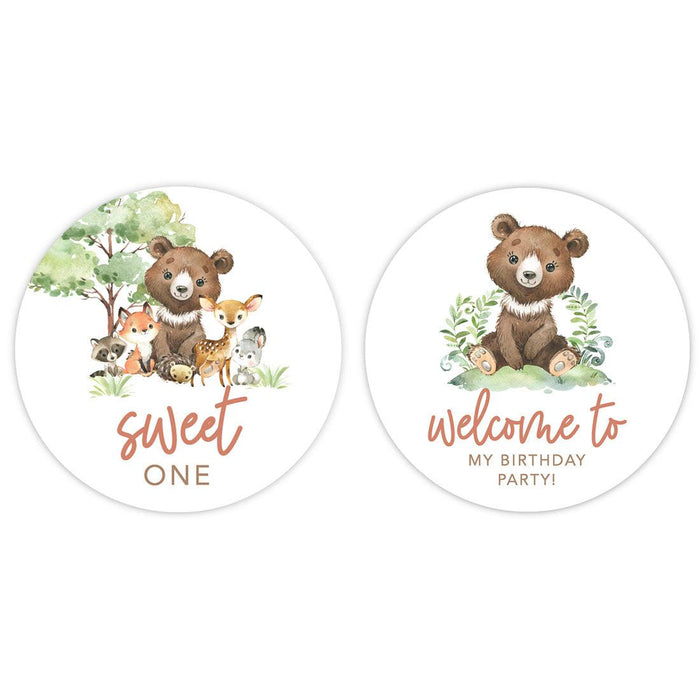 1st Birthday Party Round Cupcake Toppers DIY Favors Kit, For Kids Party Decor-Set of 20-Andaz Press-Woodland Animals-