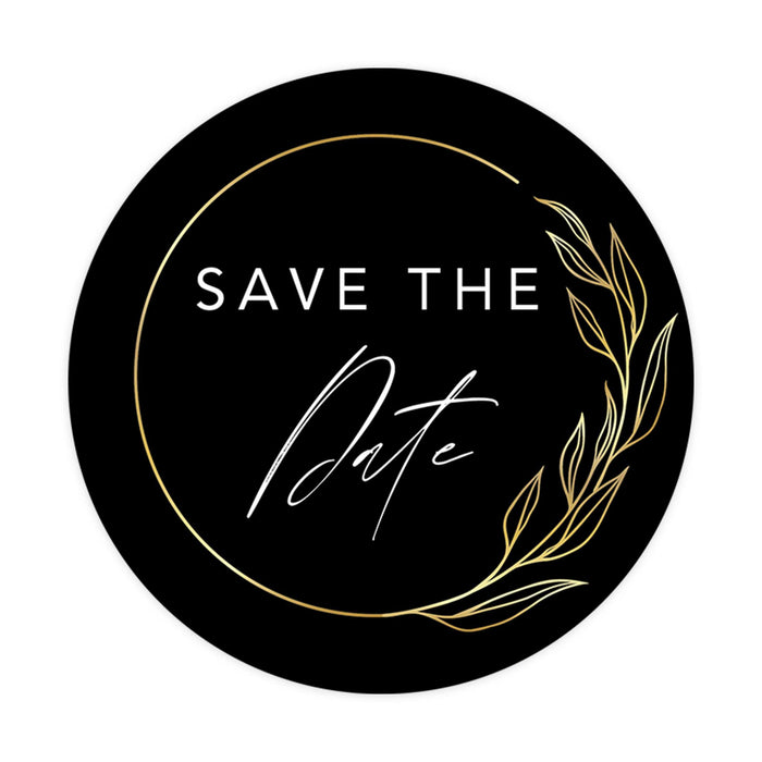 2-Inch Round Save the Date Sticker Labels for Wedding Invitations and Stationery-Set of 120-Andaz Press-Black and Gold Leaf Frame Design-
