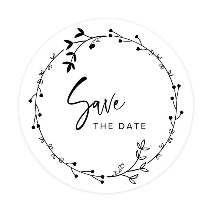 2-Inch Round Save the Date Sticker Labels for Wedding Invitations and Stationery-Set of 120-Andaz Press-Cursive Black Foliage Frame Design-