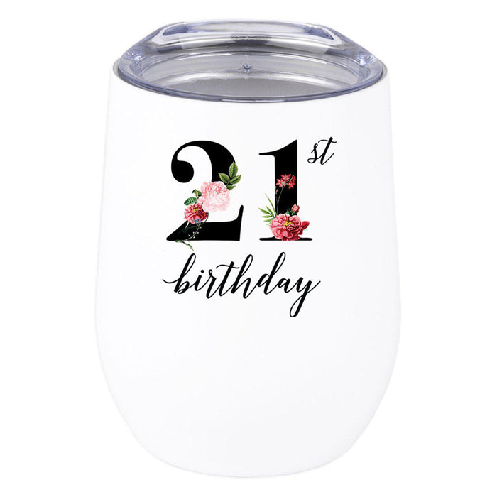21st Birthday Wine Tumbler with Lid 12oz Stemless Stainless Steel Insulated-Set of 1-Andaz Press-Floral 21st Birthday-