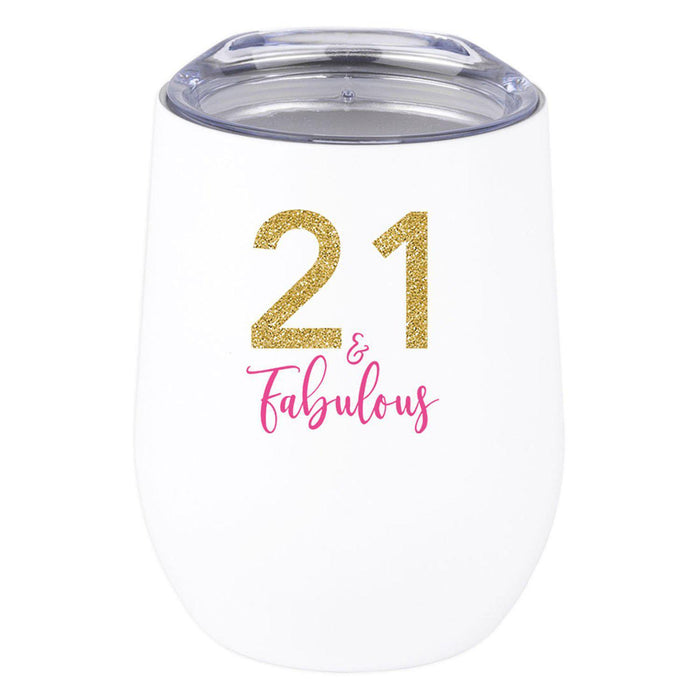 21st Birthday Wine Tumbler with Lid 12oz Stemless Stainless Steel Insulated-Set of 1-Andaz Press-Glitter 21 & Fabulous-