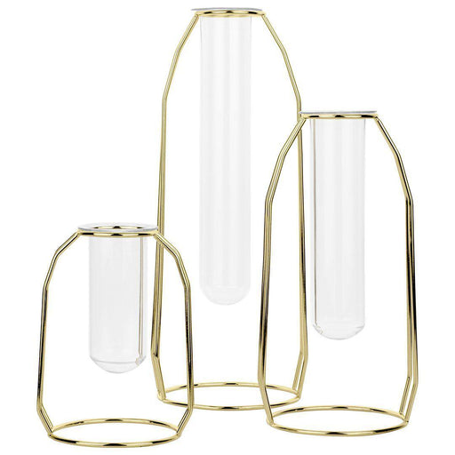 3 Piece Modern Metal Glass Test Tube Bud Vases-Set of 3-Koyal Wholesale-Gold-