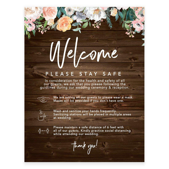 8.5 x 11 Inch Social Distance Wedding Party COVID Signs-Set of 1-Andaz Press-Floral Welcome-