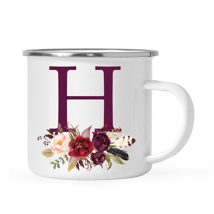 Andaz Press 11oz Bohemian Fall Autumn Burgundy Marsala Floral Flower and Feathers Arrangement Monogram Campfire Coffee Mug-Set of 1-Andaz Press-A-