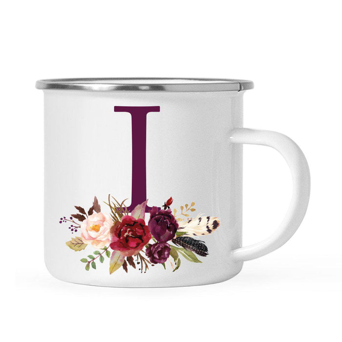 Andaz Press 11oz Bohemian Fall Autumn Burgundy Marsala Floral Flower and Feathers Arrangement Monogram Campfire Coffee Mug-Set of 1-Andaz Press-A-